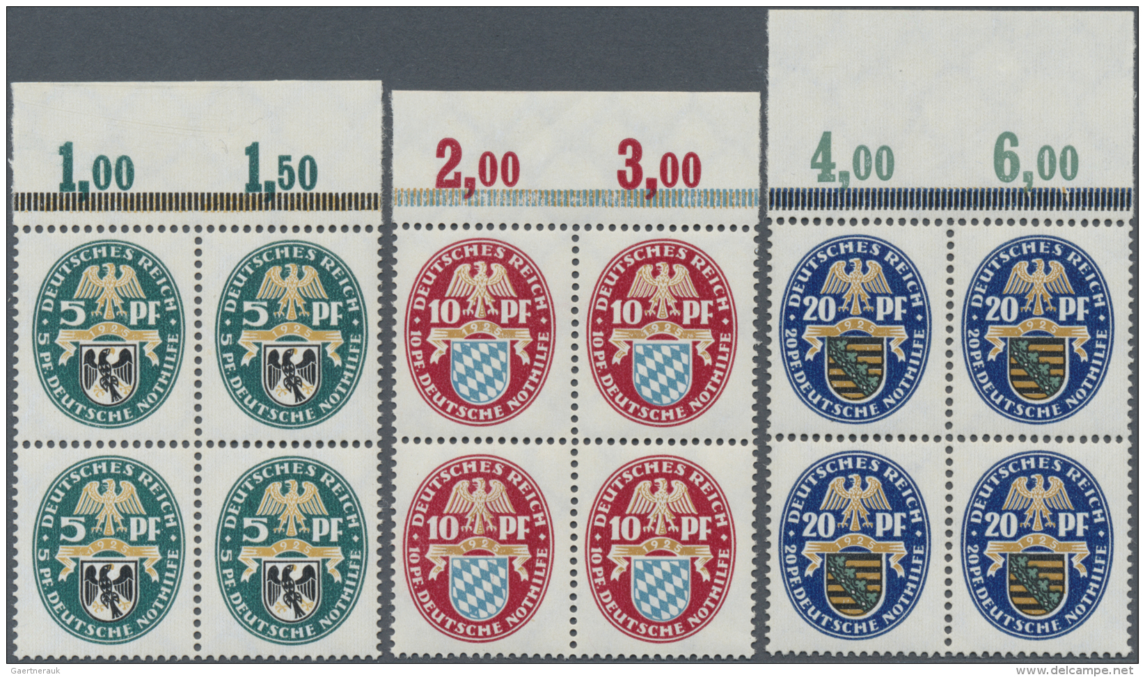 Deutsches Reich - Weimar: 1925, Deutsche Nothilfe: Landeswappen, Ungefaltete Luxus-Viererblocks Vom Oberrand, Postfrisch - Neufs