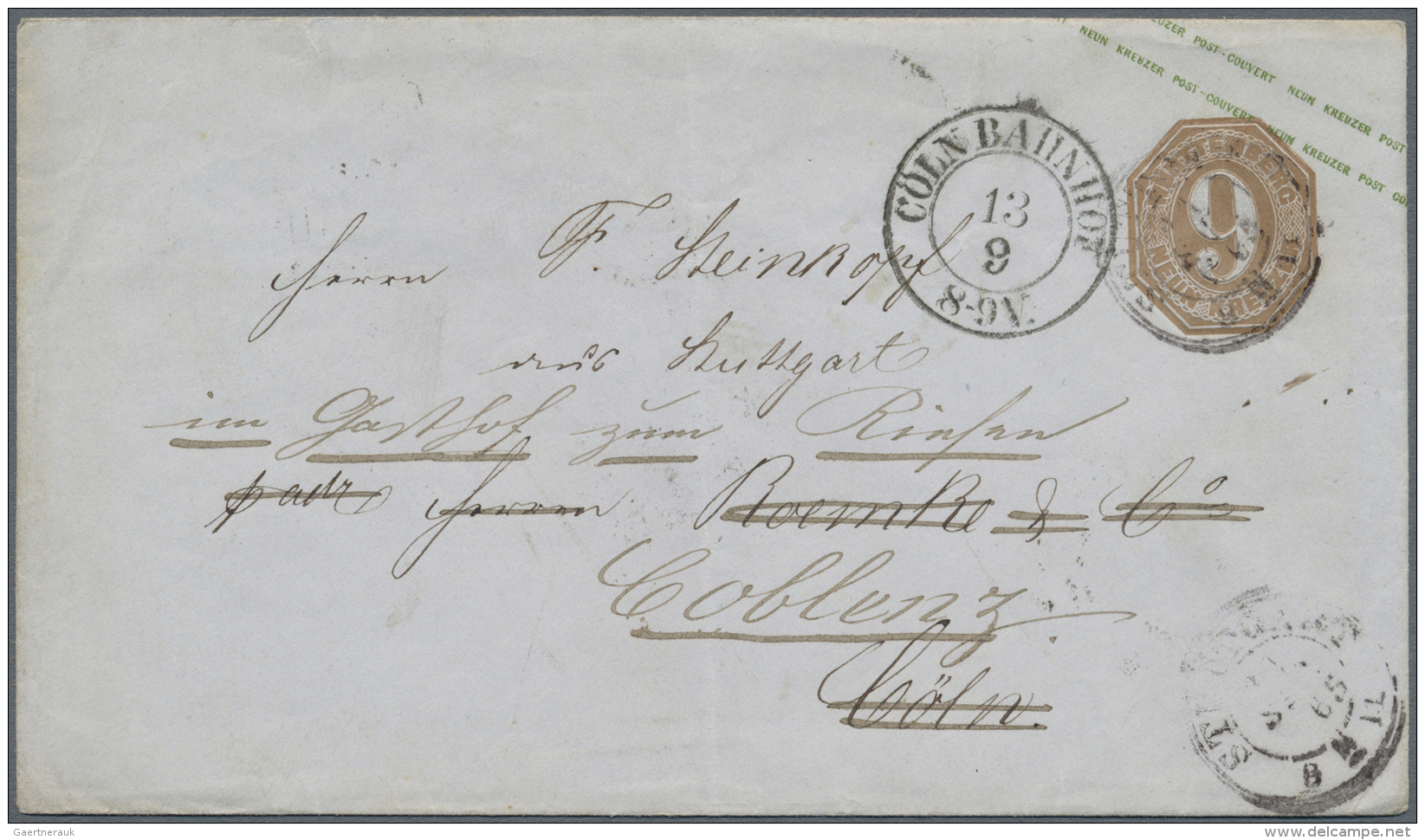 W&uuml;rttemberg - Ganzsachen: 1863, GA-Umschlag 9 Kr. Braun Auf Bl&auml;ulichem Papier Mit K3 "STUTTGART 11 SEP 1865" G - Altri & Non Classificati