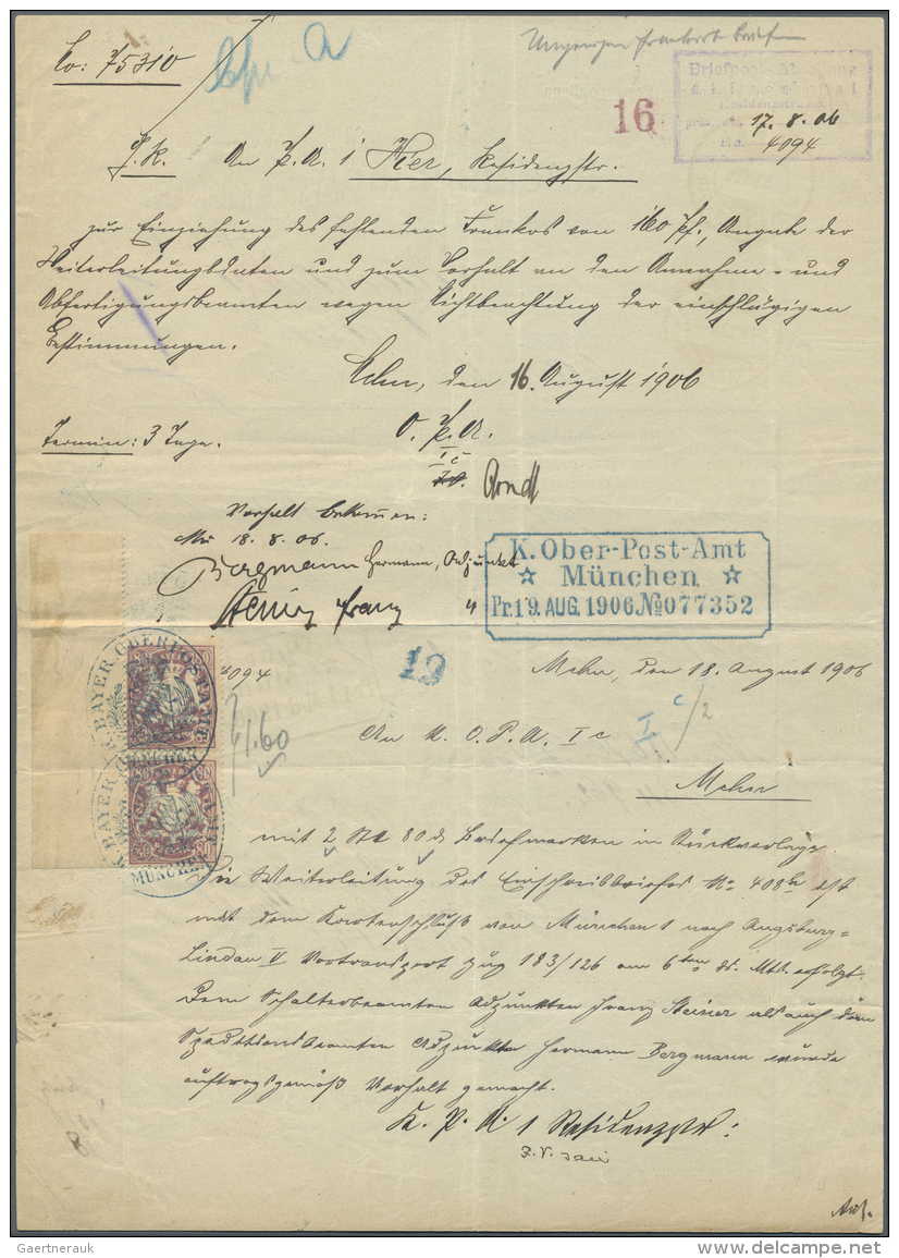 Bayern - Marken Und Briefe: 1900, 80 Pfg. Wappen Im Senkrechten Randpaar Mit Dienstsiegel-Entwertung "K.BAYER.OBERPOSTAM - Autres & Non Classés