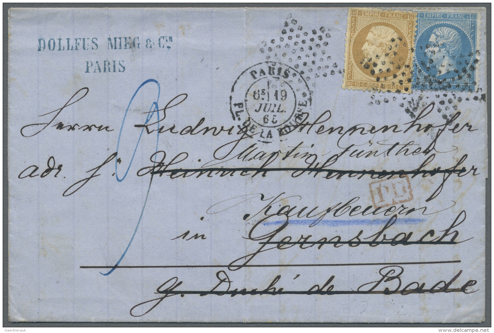 Bayern - Marken Und Briefe: 1865, Incoming Mail Frankreich-Bayern Mit Blauer Taxe "9" (Kreuzer) Als Nachporto Auf Faltbf - Andere & Zonder Classificatie