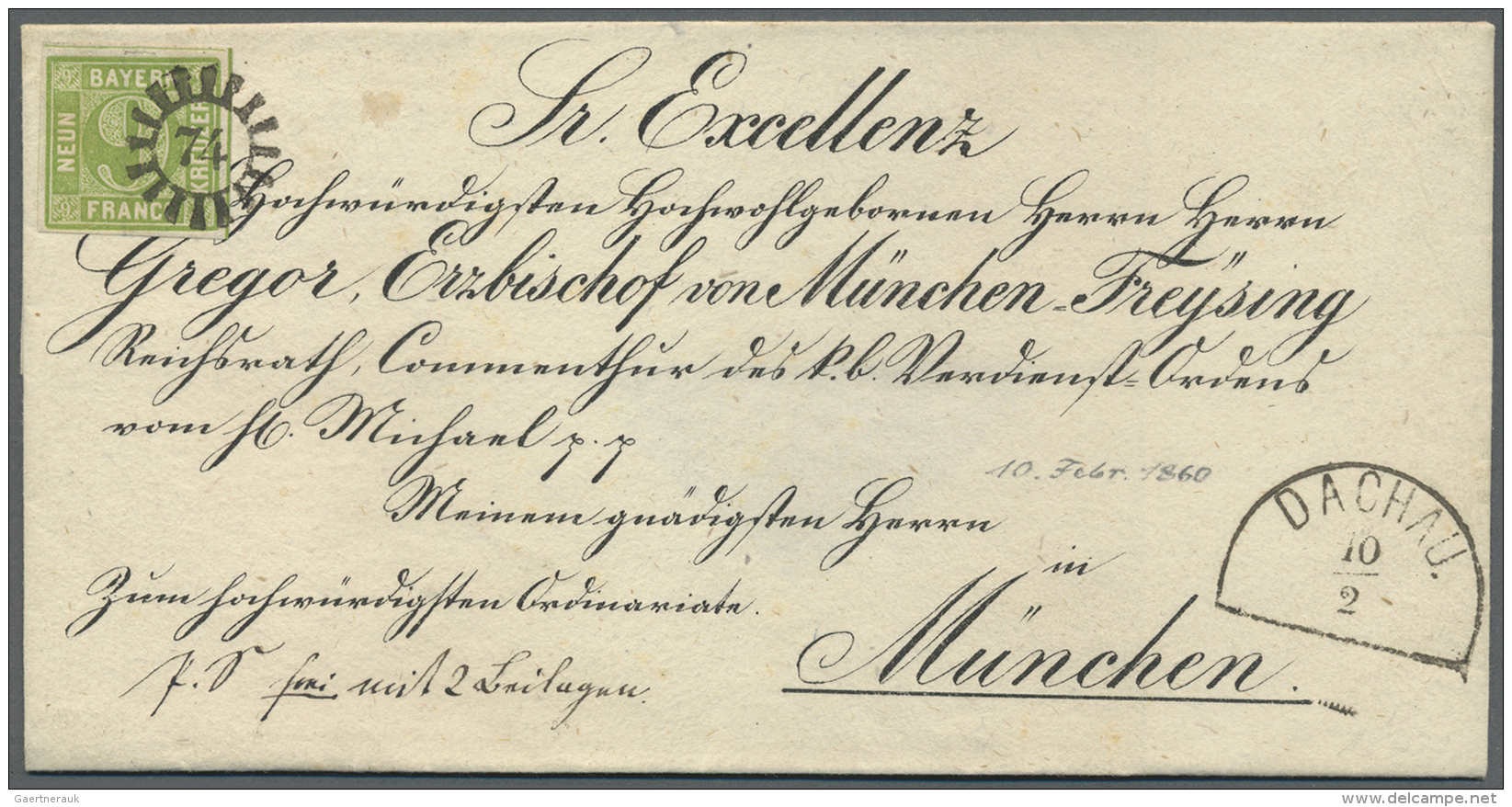 Bayern - Marken Und Briefe: 1850,  9 Kr. Gelbgr&uuml;n Mit Klarem MR "75" Auf Bischofsbriefh&uuml;lle Mit Vorgedruckter - Autres & Non Classés