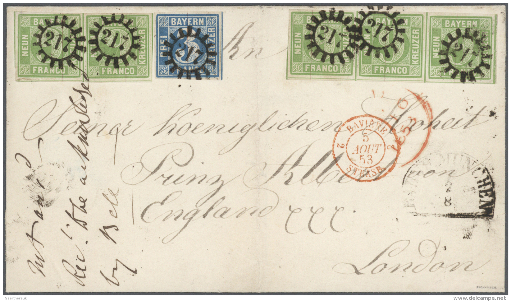 Bayern - Marken Und Briefe: 1853, "DER PRINZ ALBERT BRIEF", 9 Kreuzer Lebhaftgr&uuml;n, Waagrechter Dreierstreifen Sowie - Autres & Non Classés