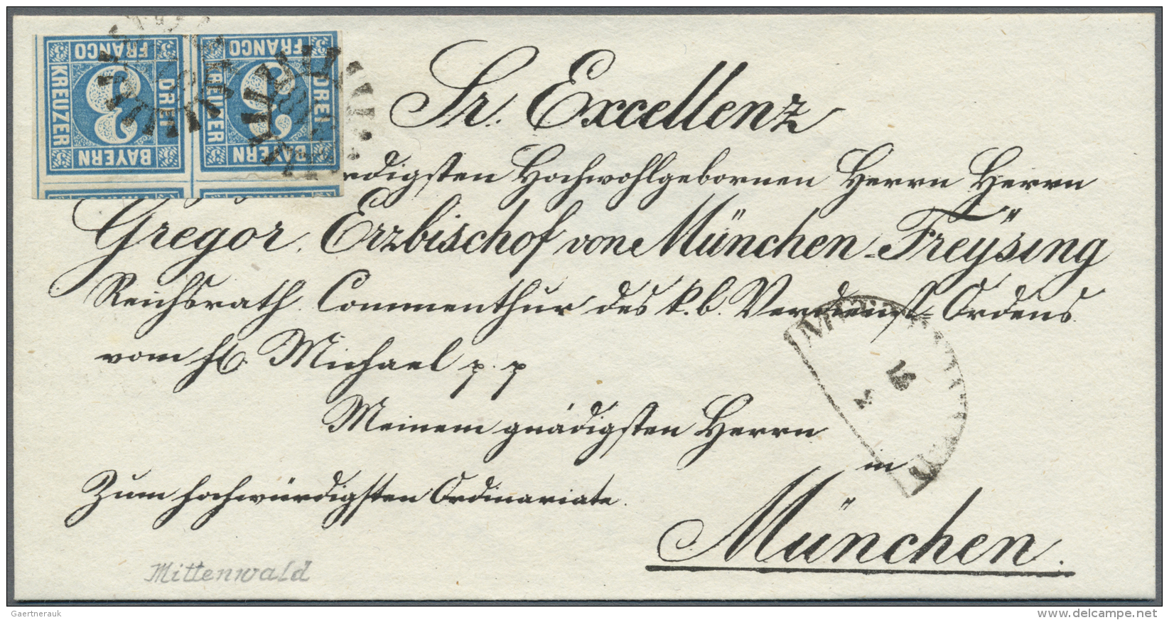 Bayern - Marken Und Briefe: 1850, Luxus Vordruck-BISCHOFSBRIEF Aus Mittenwald(!) Frankiert Mit Paar 3 Kr. Blau Platte II - Autres & Non Classés