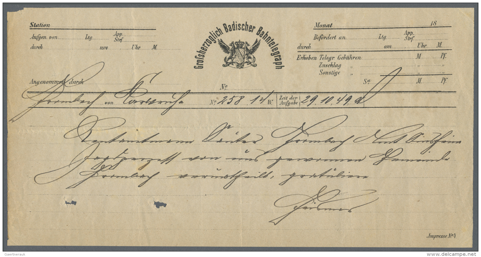 Baden - Besonderheiten: 1849, Vordruck-Telegramm "Gro&szlig;herzoglich Badischer Bahntelegraph" Gebraucht Aus Karlsruhe - Andere & Zonder Classificatie