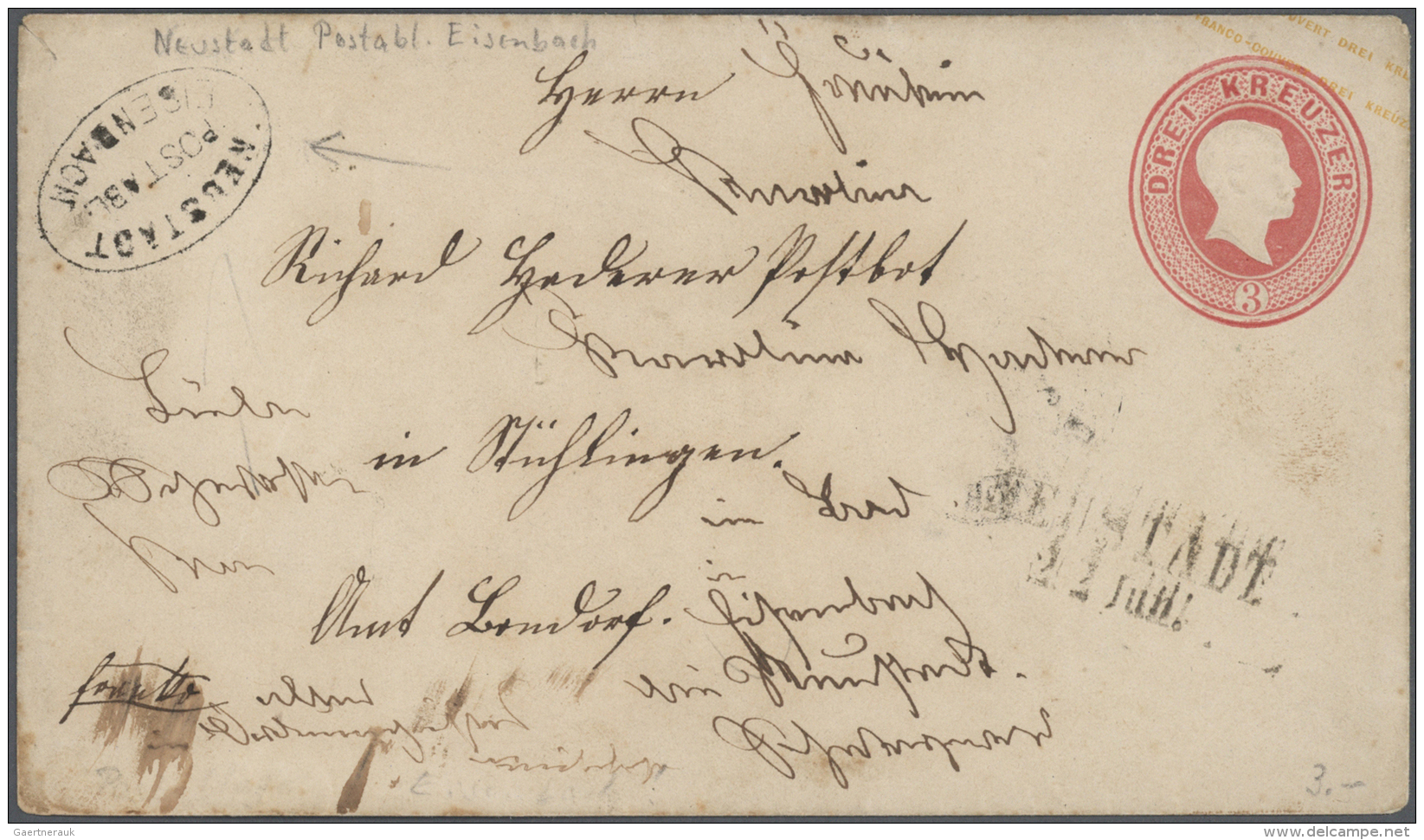 Baden - Postablagestempel: NEUSTADT-EISENBACH Postablage-Stempel Auf GA-Umschlag 1862, 3 Kr. Karminrosa Mit K2 "NEUSTADT - Other & Unclassified