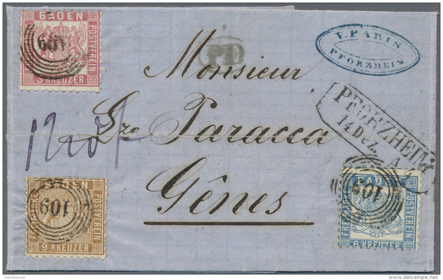 Baden - Marken Und Briefe: 1862, FRANKATUR UNIKAT Mit 9 Kr Braun (linierter Hintergrund) Zusammen Mit 3 Kr Karmin Und 6 - Autres & Non Classés