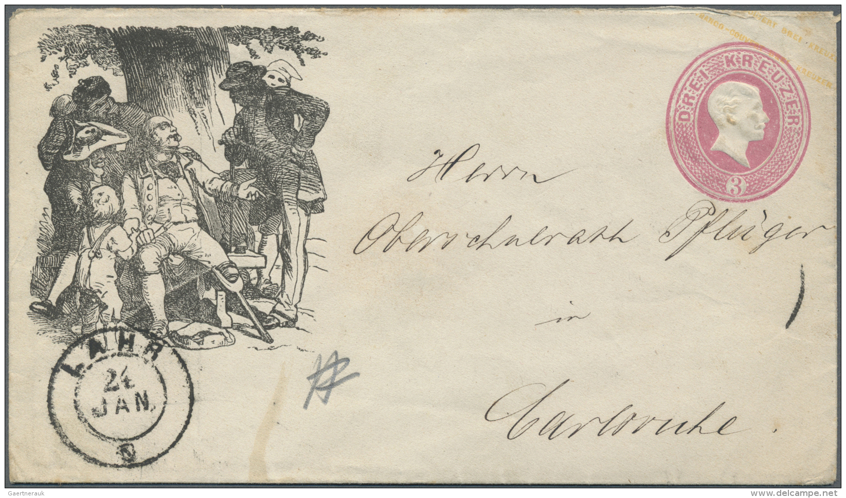 Baden - Ganzsachen: 1868, "LAHRER HINKENTER BOTE" Zudruck Auf 3 Kreuzer Ganzsachenumschlag Nach Carlsruhe, Als Motiv Die - Other & Unclassified