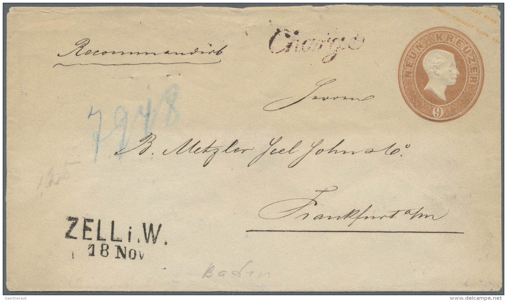 Baden - Ganzsachen: 1866/67, 9 Kr GSU Aus "ZELL I.W. / 18.Nov.", Seltene Verwendung Als Einschreiben, Schreibschrift "Ch - Altri & Non Classificati