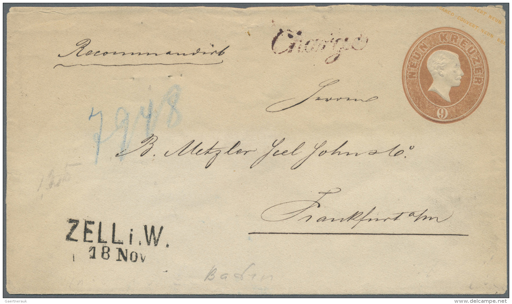 Baden - Ganzsachen: 1866/67, 9 Kr GSU Aus "ZELL I.W. / 18.Nov.", Seltene Verwendung Als Einschreiben, Schreibschrift "Ch - Other & Unclassified