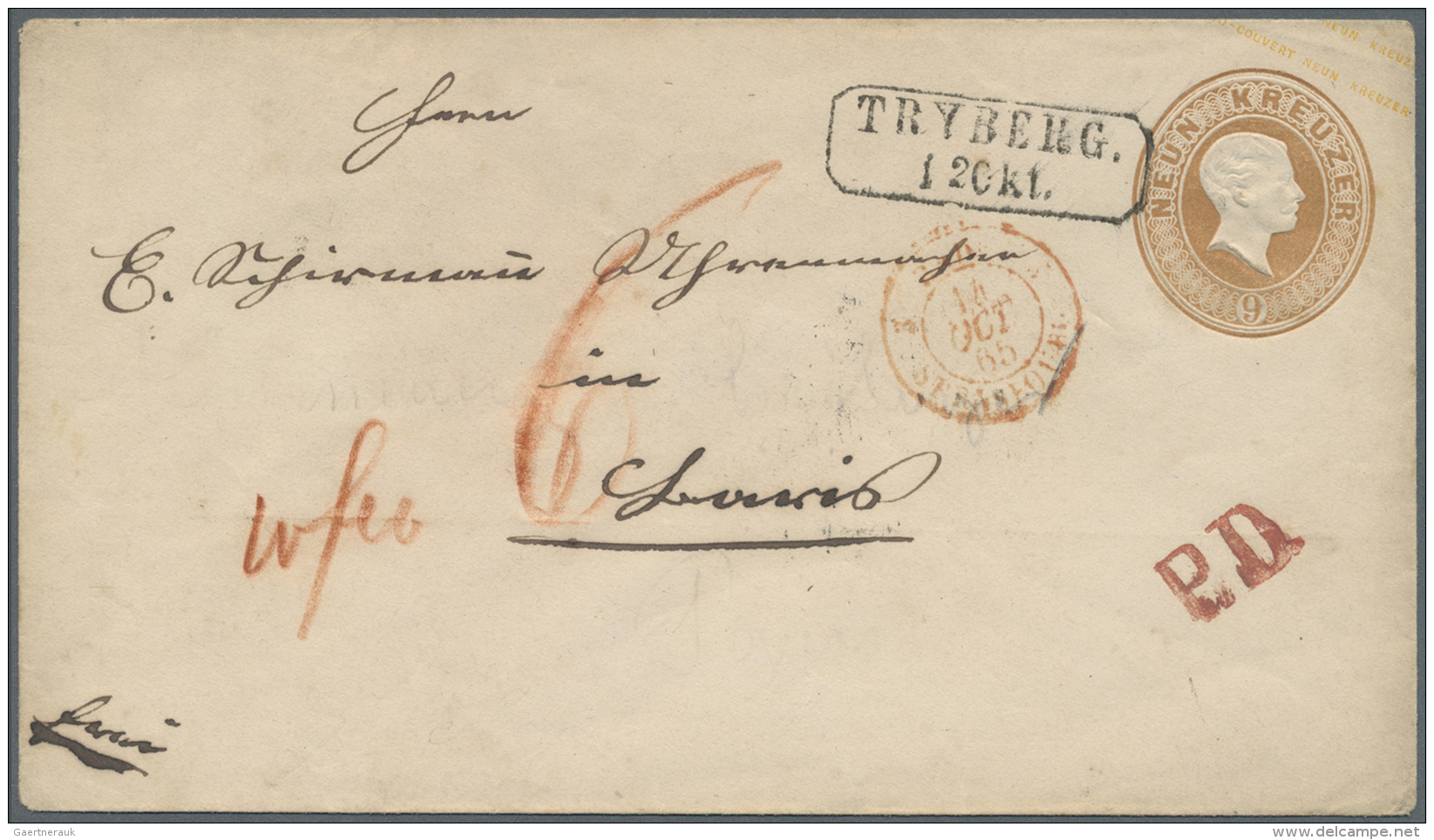 Baden - Ganzsachen: 1863, 9 Kr. Ganzsachenumschlag Mit Stempel "TRYBERG 12.OKT.(65)" Als Auslandsbrief Mit Rotem L1 "P.D - Other & Unclassified