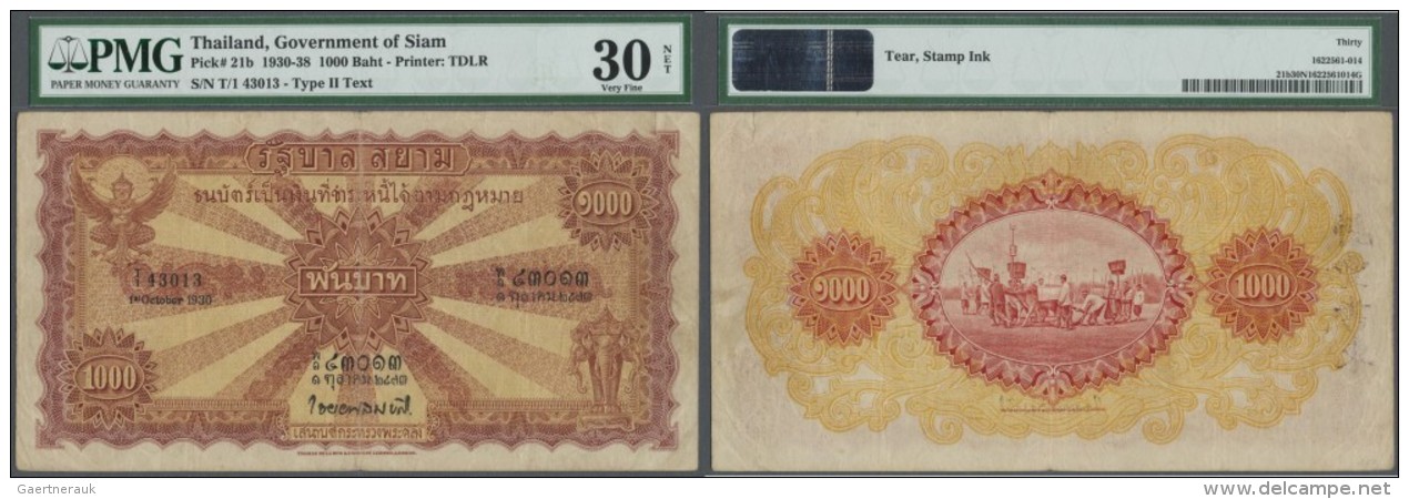 Thailand: 100 Baht 1930 P. 21b, Rare Hight Denomination Note Of The Government Of Siam, PMG Graded 30 VF NET. - Thailand