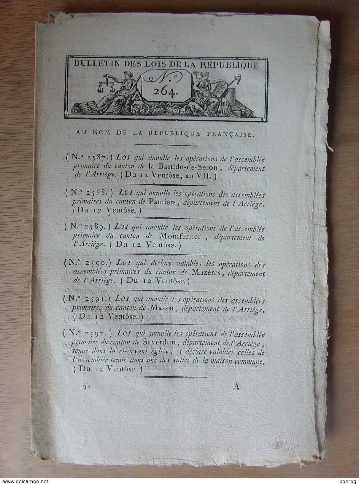 BULLETIN DES LOIS N°264 De VENTOSE AN VII (1799) - TAXE PORTE ET FENETRE - ELECTEURS AN VII - IMPOTS PORTES ET FENETRES - Décrets & Lois