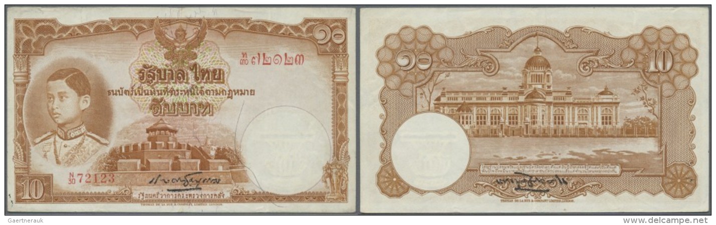 Thailand: 10 Baht 1939 P. 35a, 3 Light Vertical Folds, No Holes Or Tears, Paper With Original Crispness, Condition: VF+. - Thailand