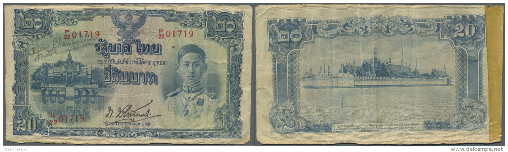 Thailand: 20 Baht ND(1945) P. 50, Used With Wavy Paper, Borders Worn, Several Creases, Tape At Left Border On Back (prob - Thailand