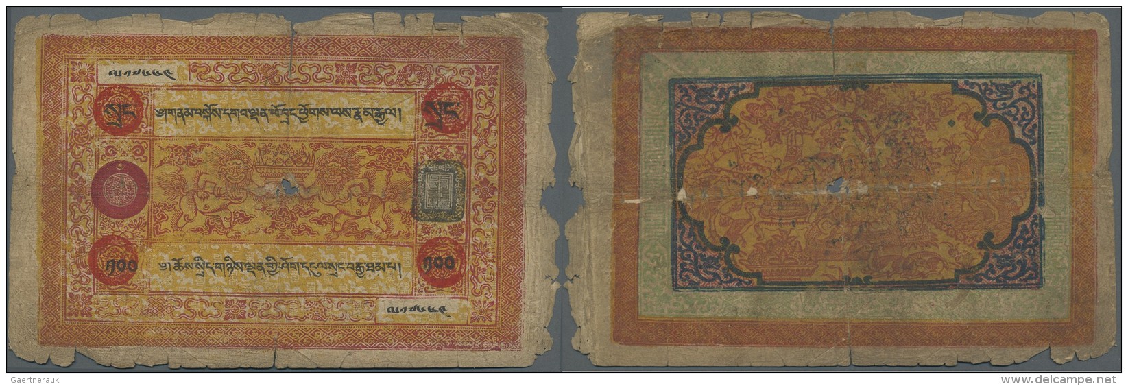 Tibet: 100 Srang ND SPECIMEN P. 11s, With 4 Red Specimen Seals On Front, Borders Worn, Strong Folds, Center Hole, Border - Autres - Asie