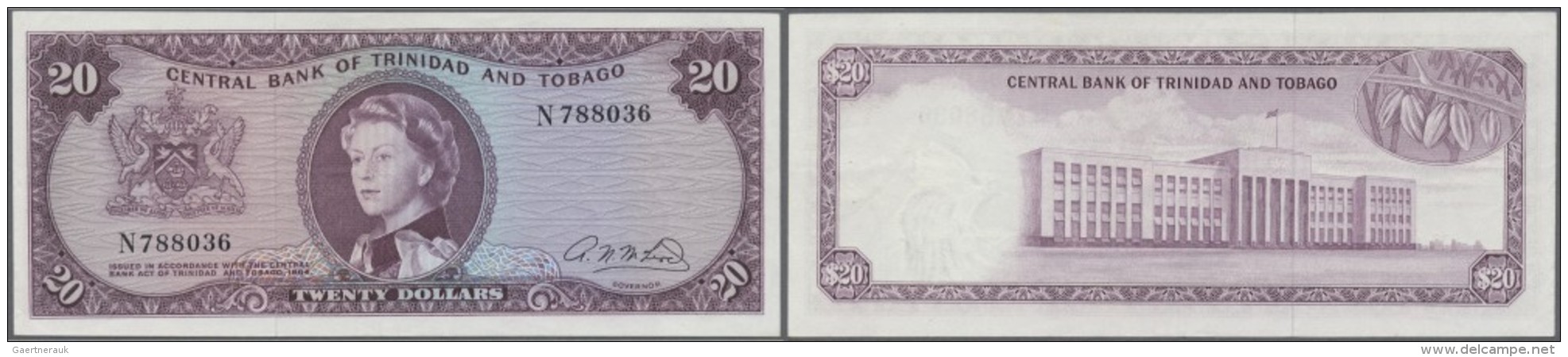 Trinidad &amp; Tobago: 20 Dollars L.1964 P. 29b. This Banknote With Portrait Of Queen Elizabeth II In Center Is The High - Trinidad & Tobago