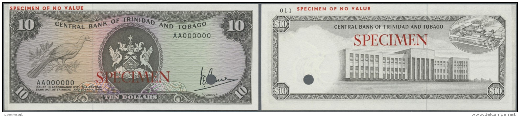 Trinidad &amp; Tobago: 10 Dollars ND(1977) Specimen P. 32s, Zero Serial Numbers And Specimen Overprint, Cancellation Hol - Trinidad & Tobago