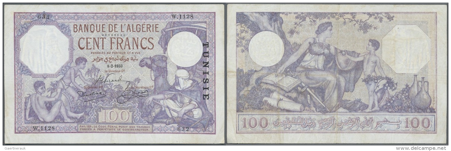 Tunisia / Tunisien: 100 Francs 1933 P. 10b, Used With Folds, Pressed, Very Light Staining, No Holes, No Tears, Still Som - Tunisia