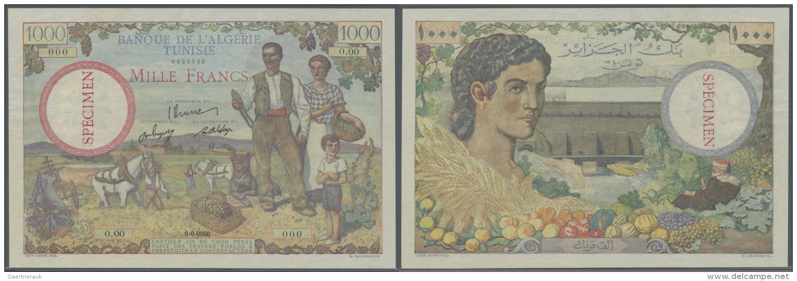 Tunisia / Tunisien: 1000 Francs ND(1946) Specimen P. 26s, With Zero Serial Numbers And Specimen Overprint Across Waterma - Tunisia