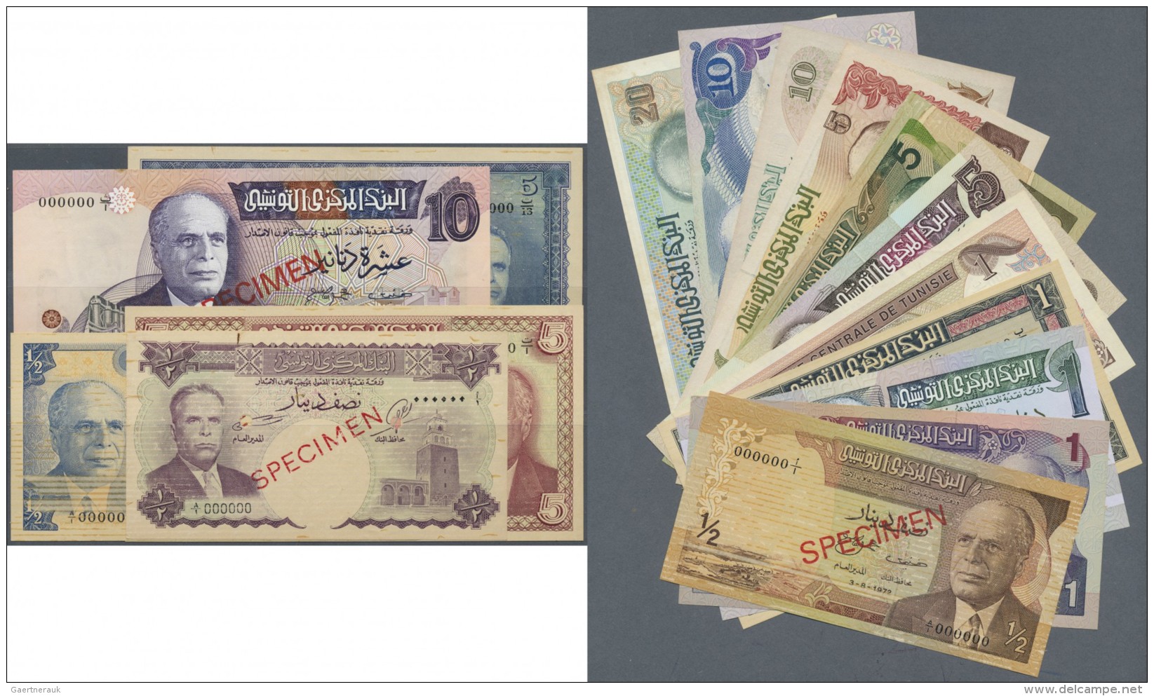 Tunisia / Tunisien: Set Of 16 SPECIMEN Banknotes Containing 1/2 Dinar ND(1958), 1 Dinar 1965, 1/2 Dinar 1965, 5 Dinars 1 - Tunisie