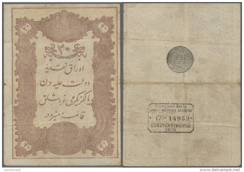 Turkey / T&uuml;rkei: 20 Kurush 1876 P. 43, Three Vertical And One Horizontal Fold, Causing A Small Center Hole, 2 Minor - Türkei