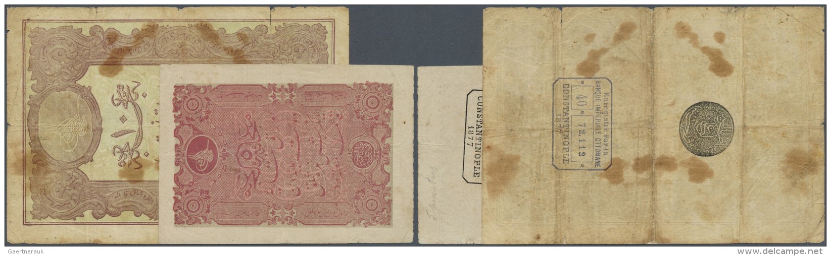 Turkey / T&uuml;rkei: Set Of 2 Notes Containing 5 Kurush 1877 P. 47b, Vertical And Horizontal Folds, 8mm Tear At Lower B - Turquie