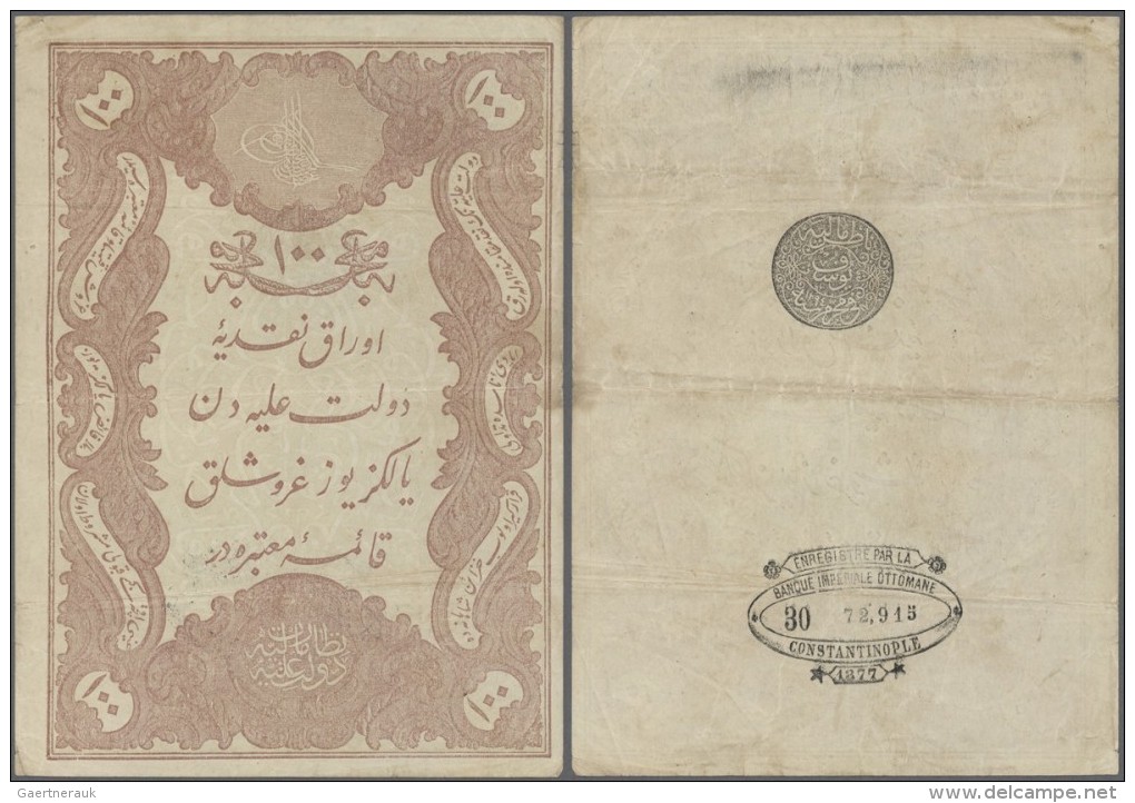 Turkey / T&uuml;rkei: 100 Kurush 1877 P. 51b, 3 Horizontal Folds, No Holes Or Tears, Strongness In Paper, Condition: F. - Turkey