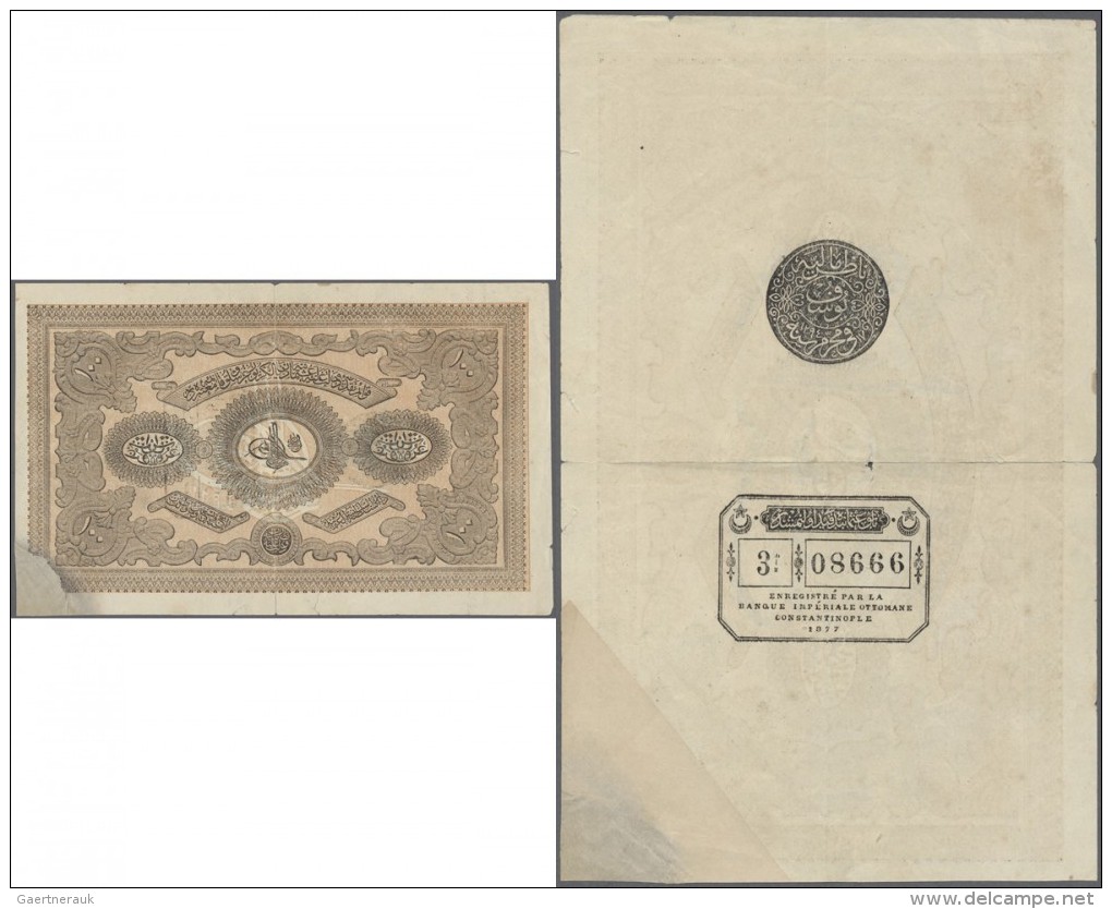 Turkey / T&uuml;rkei: 100 Kurush 1877 P. 53a, Strong Center Fold That Causes A Tear At Upper And Lower Border, A Replace - Türkei