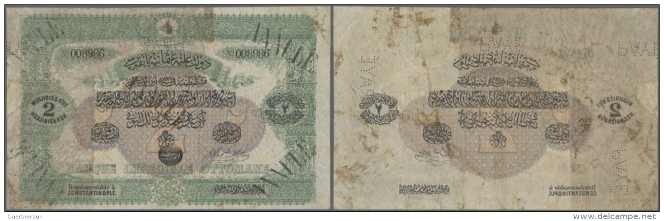 Turkey / T&uuml;rkei: 2 Medjidies D'Or 1869 P. 57c, Highly Rare Issue, Used With Lots Of Staining In Paper, Stamped Annu - Türkei