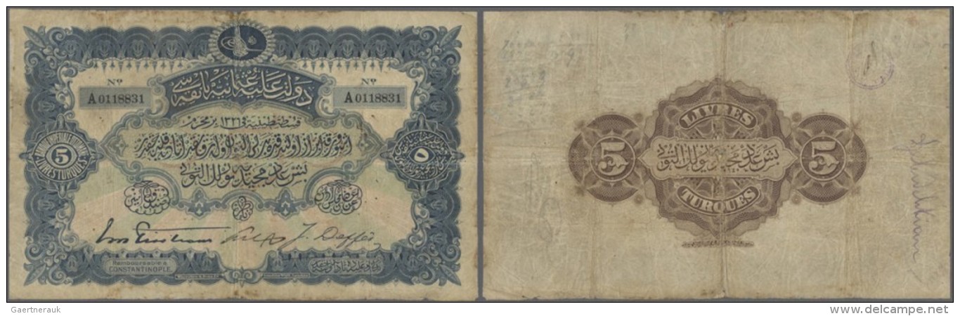 Turkey / T&uuml;rkei: 5 Livres 1909 P. 64a, Used With 3 Strong Vertical And One Horizontal Fold, Stained Paper, Border W - Turquie
