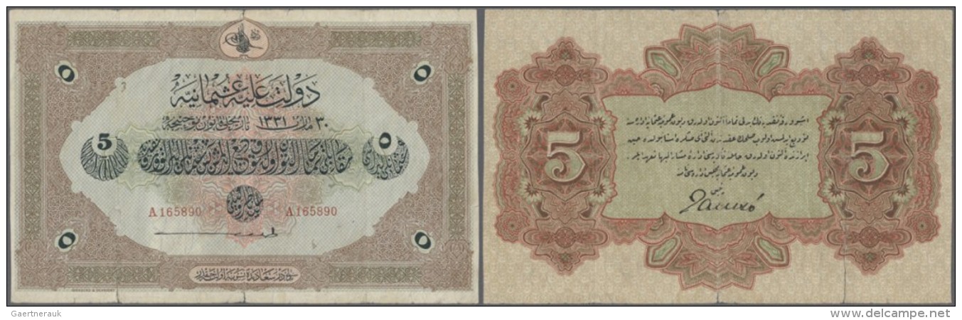 Turkey / T&uuml;rkei: 5 Livres 1915 P. 70, Used With Several Folds And Border Tears, One Larger Tear (2,5 Cm Repaired), - Turquie