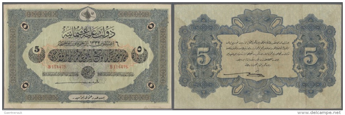 Turkey / T&uuml;rkei: 5 Livres 1916 P. 91, Vertically Folded Several Times, No Holes Or Tears, Still Stong Paper, Condit - Turquie
