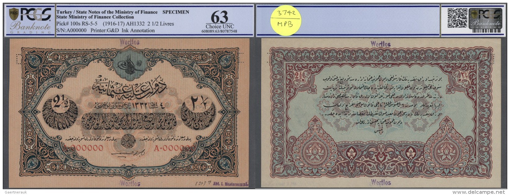 Turkey / T&uuml;rkei: Very Rare Specimen Note 2 1/2 Livres ND(1918) AH1334 P. 108s, 2 Times Perforated "Druckprobe", Pri - Turquie