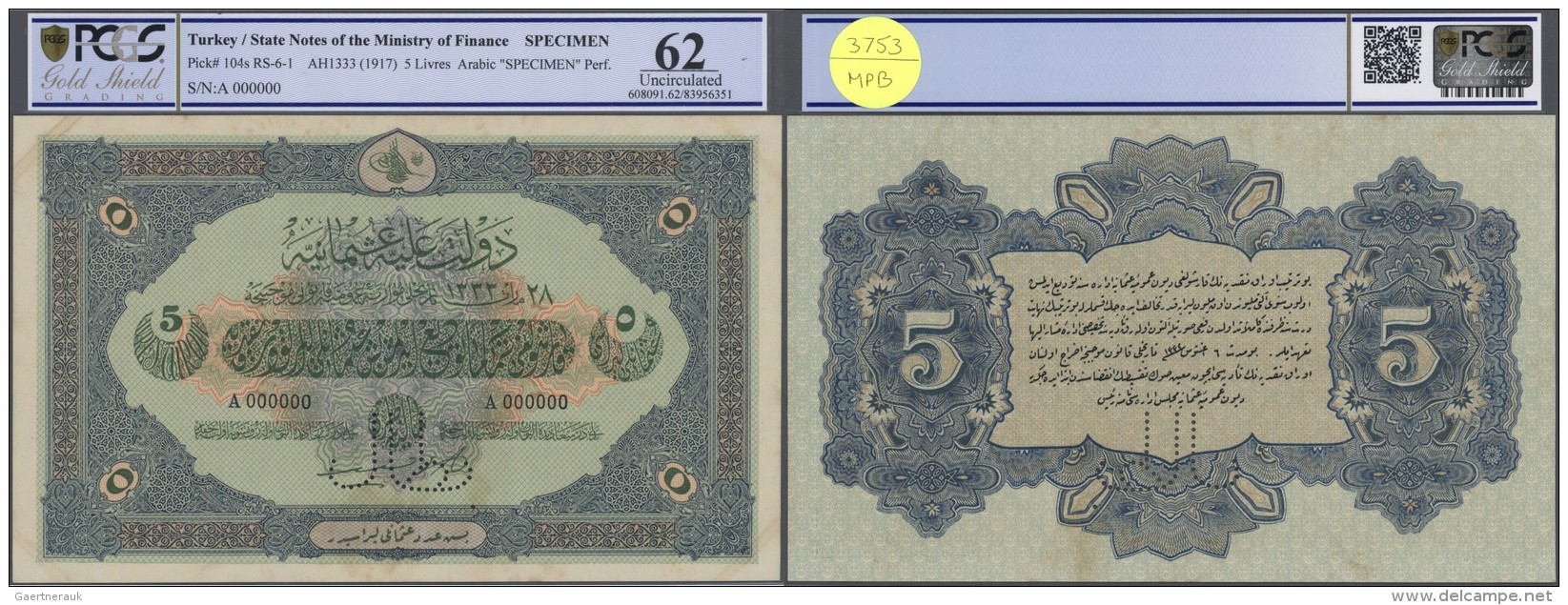 Turkey / T&uuml;rkei: Very Rare Specimen Note 5 Livres ND(1917) AH1333 P. 104s, Arabic "Specimen" Perforation, State Not - Türkei