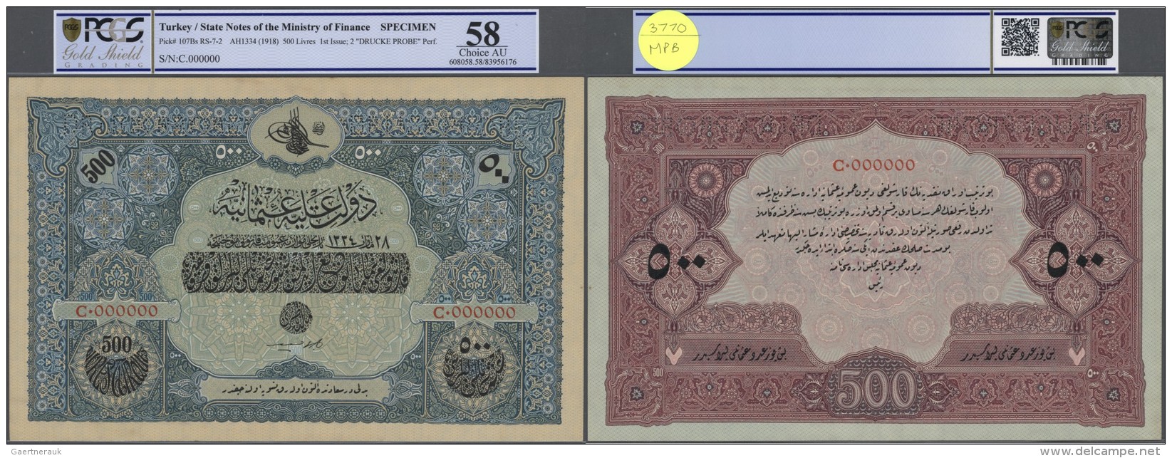 Turkey / T&uuml;rkei: Highly Rare Specimen Note 500 Livres ND(1918) AH1334 P. 107Bs, 2 Times Perforated "Druckprobe", St - Türkei