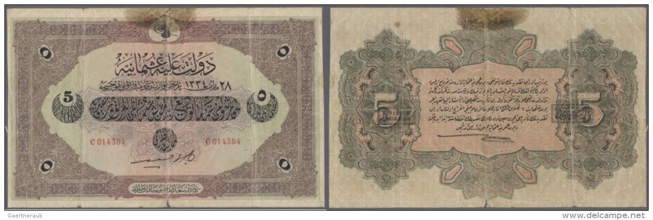 Turkey / T&uuml;rkei: 5 Livres 1918 P. 109b, Used With Several Folds, Trimmed Borders At Left And Right, A Staining At U - Türkei