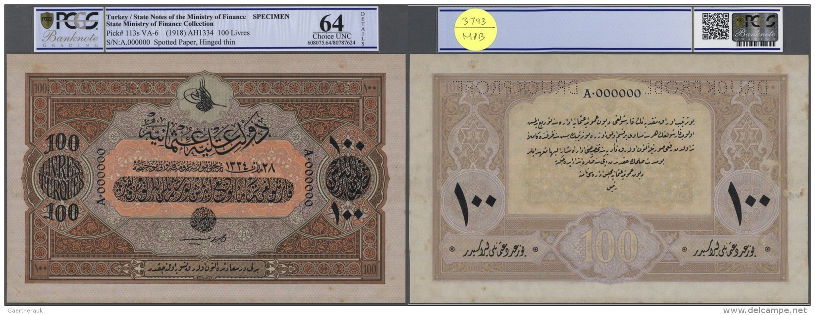 Turkey / T&uuml;rkei: Highly Rare Specimen Note 100 Livres ND(1918) AH1334 P. 113s, 2 Times Perforated "Druckprobe", Spo - Türkei