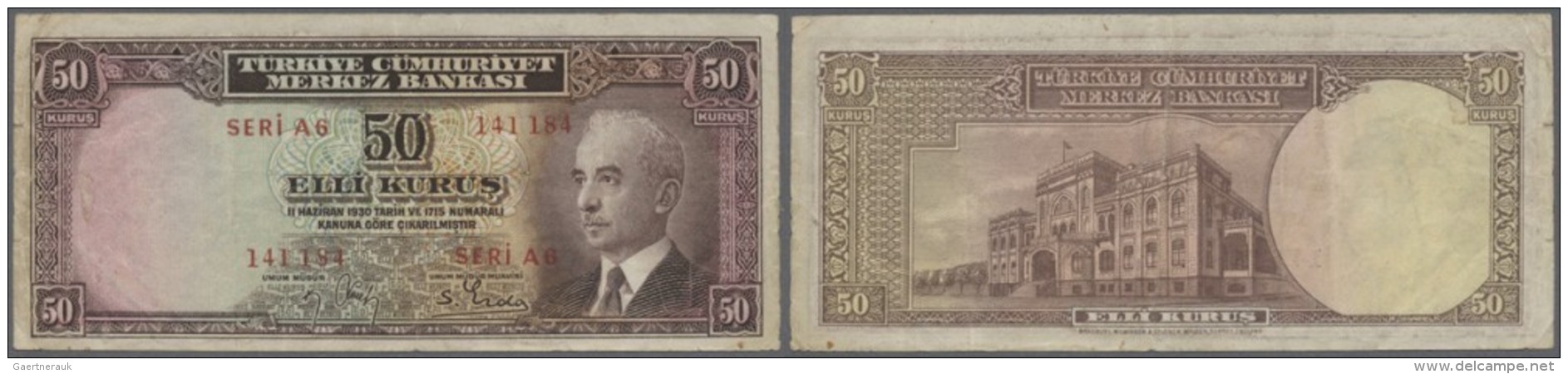 Turkey / T&uuml;rkei: 50 Kurus ND P. 133, Used With Folds, A Bit Stained At Left Border, 2 Tiny Border Tears, Still Stro - Turquie