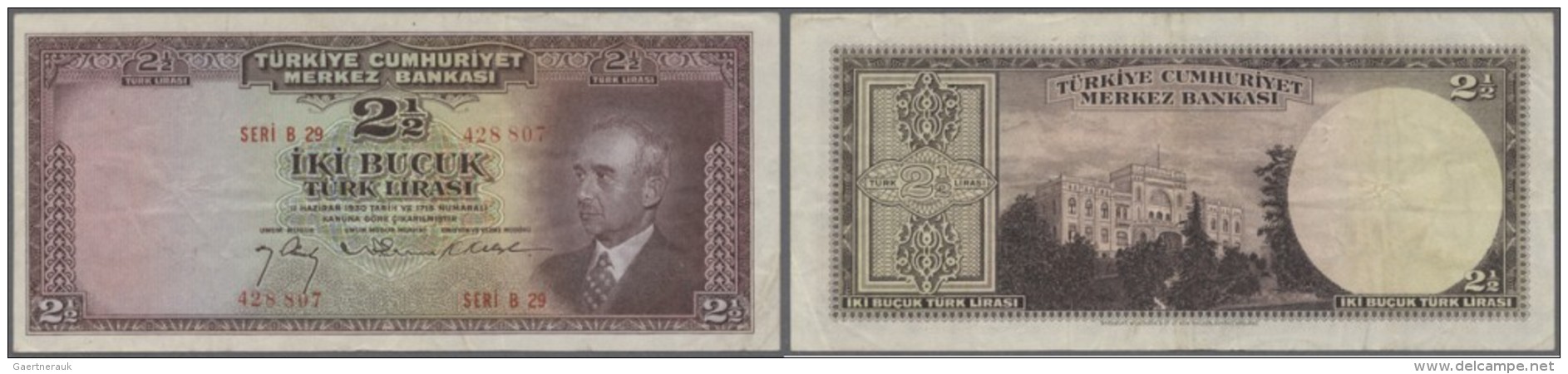 Turkey / T&uuml;rkei: 2 1/2 Lira ND(1947) P. 140, Only Light Folds In Paper, No Holes Or Tears, Original Colors, Still P - Türkei