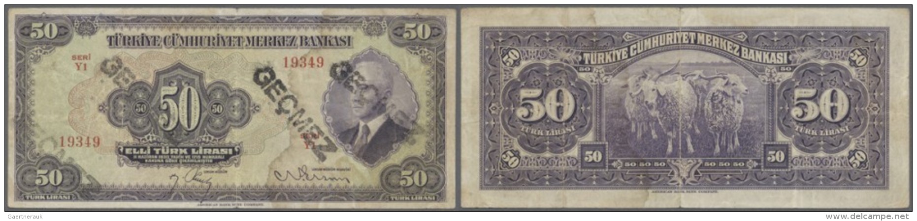 Turkey / T&uuml;rkei: 50 Lira ND(1942) P. 142a, 3 Stronger Vertical Folds, Stamped 3 Times On Front, No Holes Or Tears, - Türkei