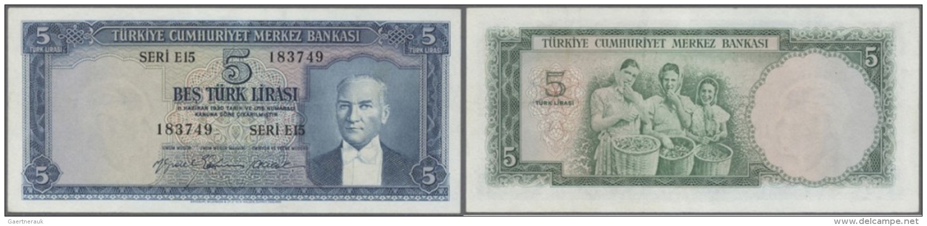 Turkey / T&uuml;rkei: 5 Lira ND(1959) P. 155a, 3 Light Vertical Folds, No Holes Or Tears, Nice Colors, Condition: VF. - Türkei