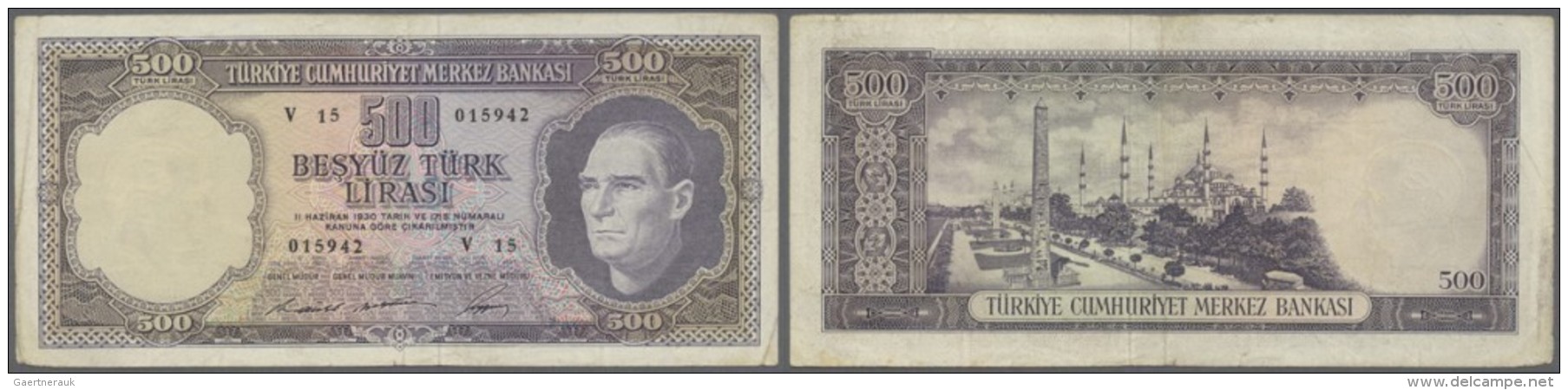 Turkey / T&uuml;rkei: 500 Lira ND(1968) P. 183, Vertical Folds, Corner Folds, No Holes Or Tears, Paper Still Strong, Con - Türkei