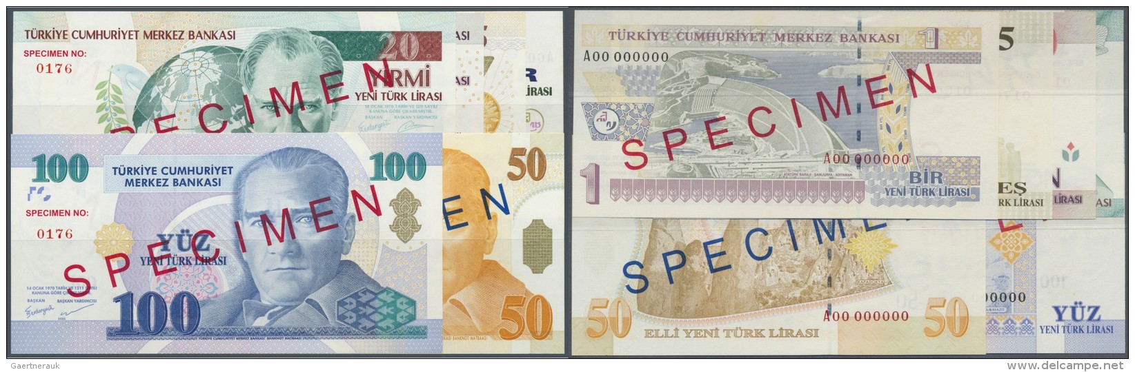 Turkey / T&uuml;rkei: Series Of 6 Specimen Banknotes Containing 1, 5, 10, 20, 50 And 100 Lira 2005 Specimen P. 216s-221s - Türkei