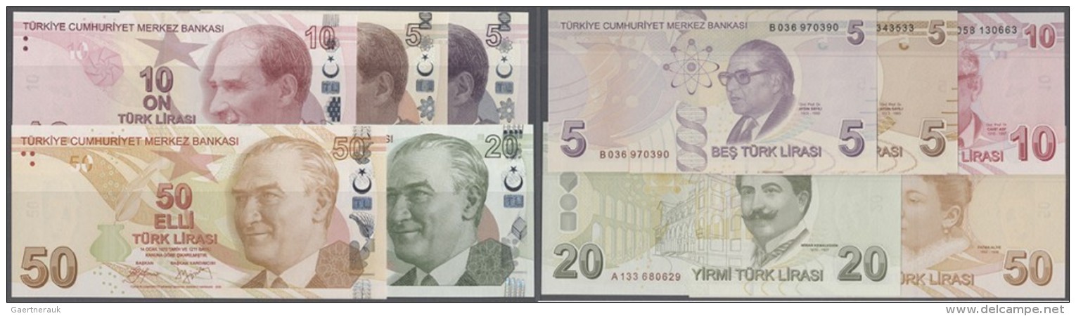 Turkey / T&uuml;rkei: Set Of 5 Different Notes Containing 5, 10, 20 And 50 Lira 2009 P. 222-225 And 5 Lira 2009 P. 228, - Türkei