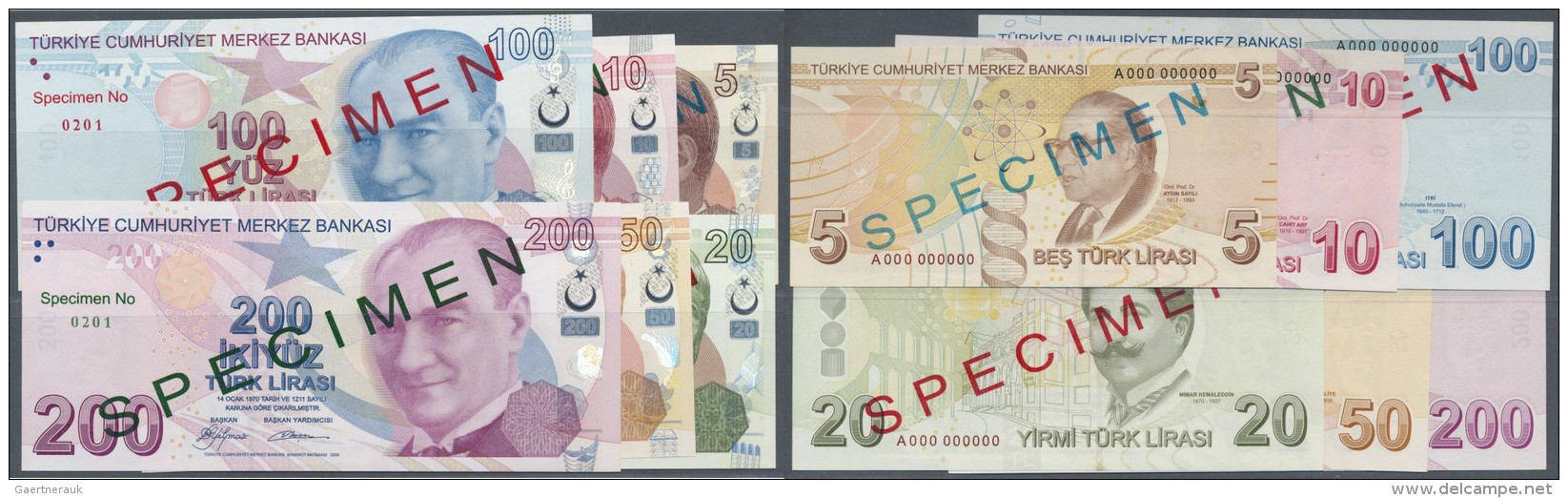 Turkey / T&uuml;rkei: Series Of 6 Different Specimen Banknotes Containing 5, 10, 20, 50, 100 And 200 Lira 2009 Specimen - Türkei