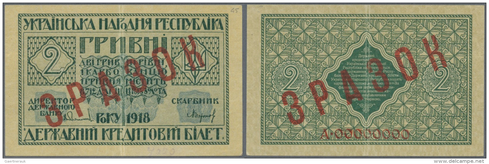 Ukraina / Ukraine: 2 Hrivni 1918 With Prefix Letter "A" SPECIMEN, P.20as, Highly Rare Note With Vertical Fold At Center, - Ukraine