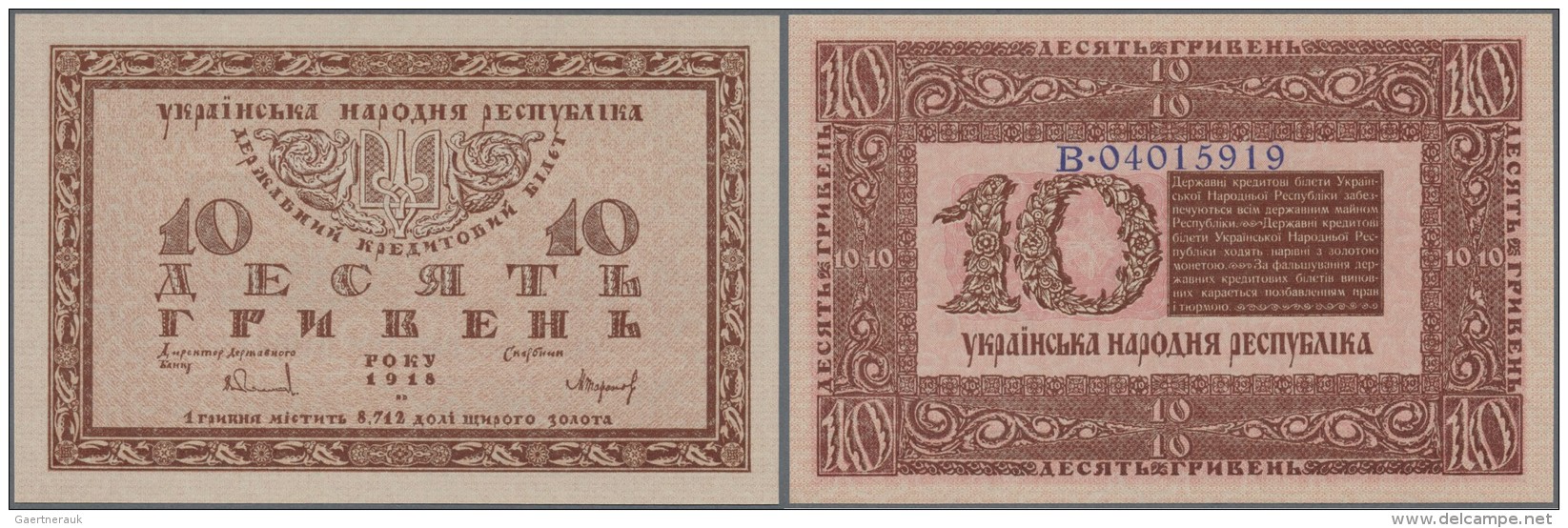 Ukraina / Ukraine: 10 Hryven 1918 P. 21c, Kharitonov 22c, Rare Note In Crisp Original Condition: UNC. - Ukraine