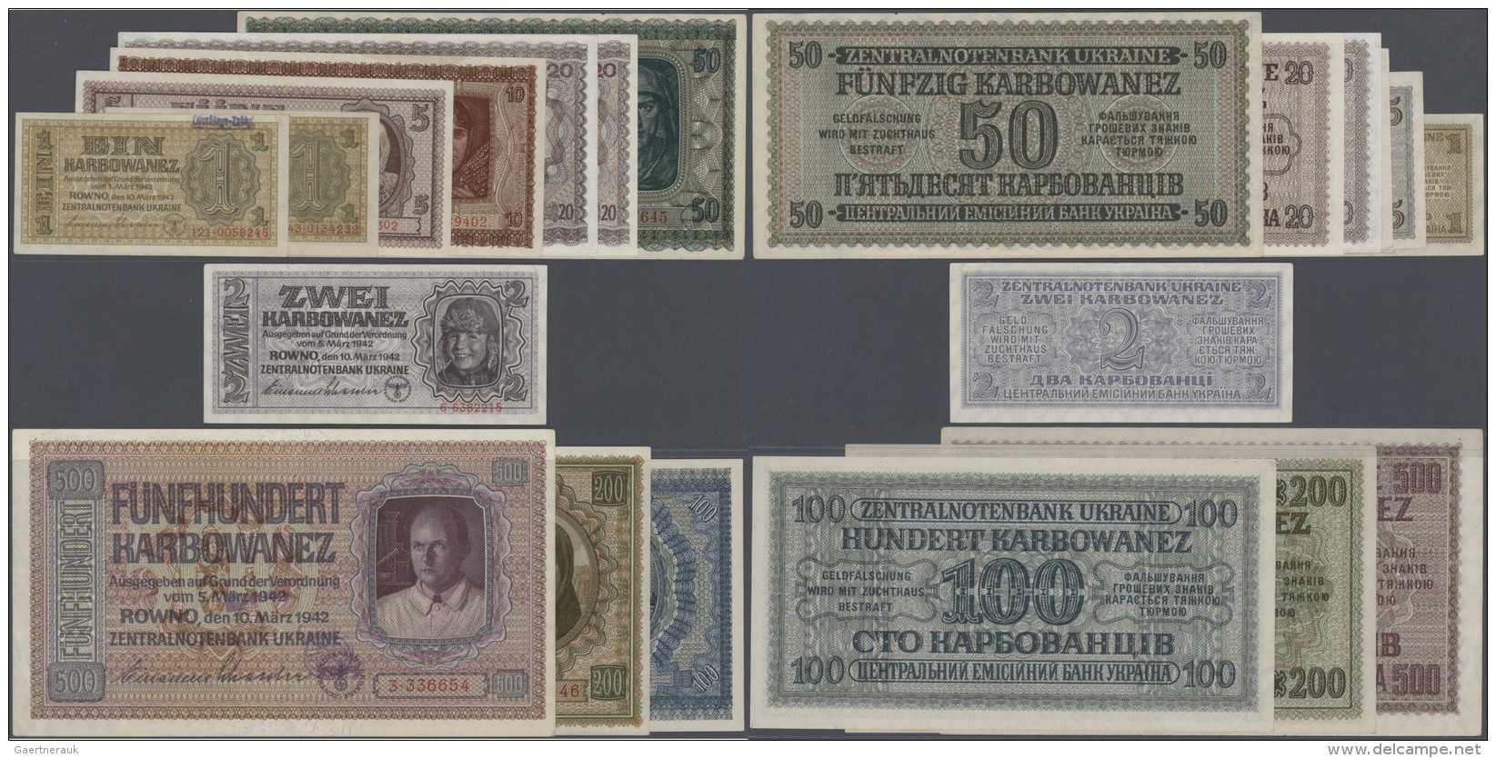 Ukraina / Ukraine: Highly Rare Set With 11 Banknotes Ukraine Zentralnotenbank 1942 During The German Occupation Comprisi - Ukraine