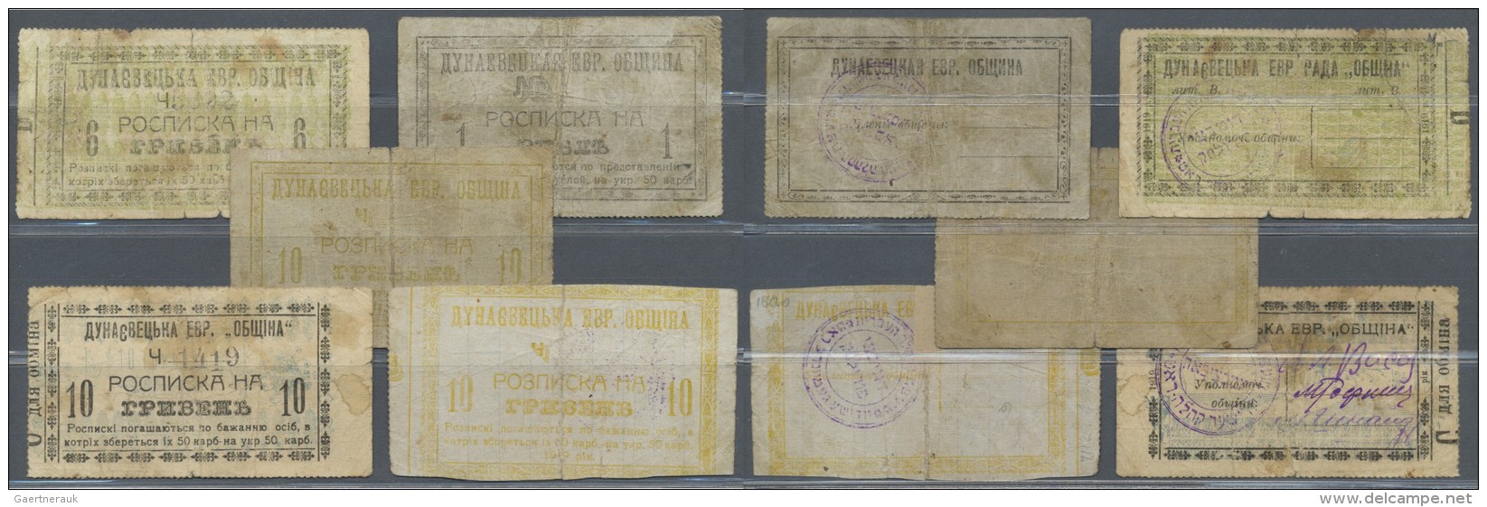 Ukraina / Ukraine: DunaÑ—vtsi Khmelnitski Oblast, Set With 5 Banknotes 1 Ruble, 6 And 3 X 10 Hriven, Some With Stamps In - Ukraine