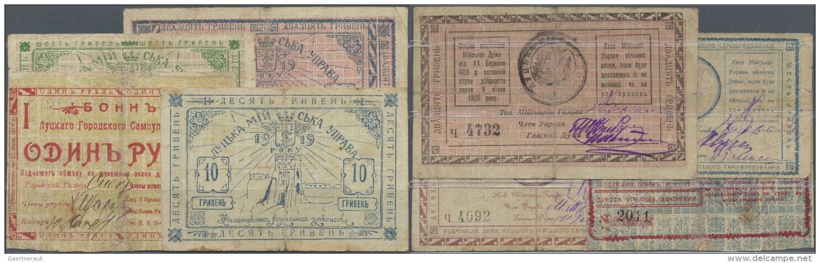 Ukraina / Ukraine: Lutsk, Wolhynien Oblast Set With 10 Banknotes Containing 1 Ruble City Government 1918, 5 X 6, 10 And - Ukraine